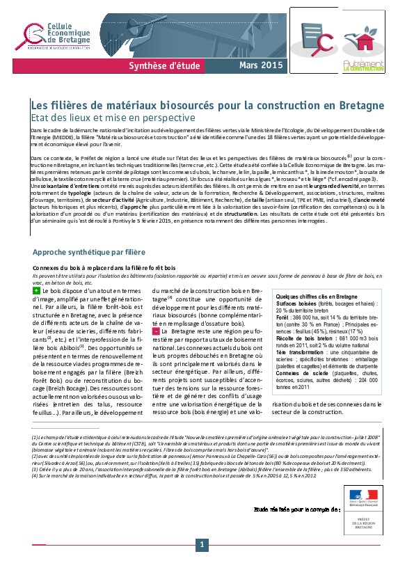 Etude sur les filières de matériaux biosourcés dans la construction en Bretagne – Avril 2015